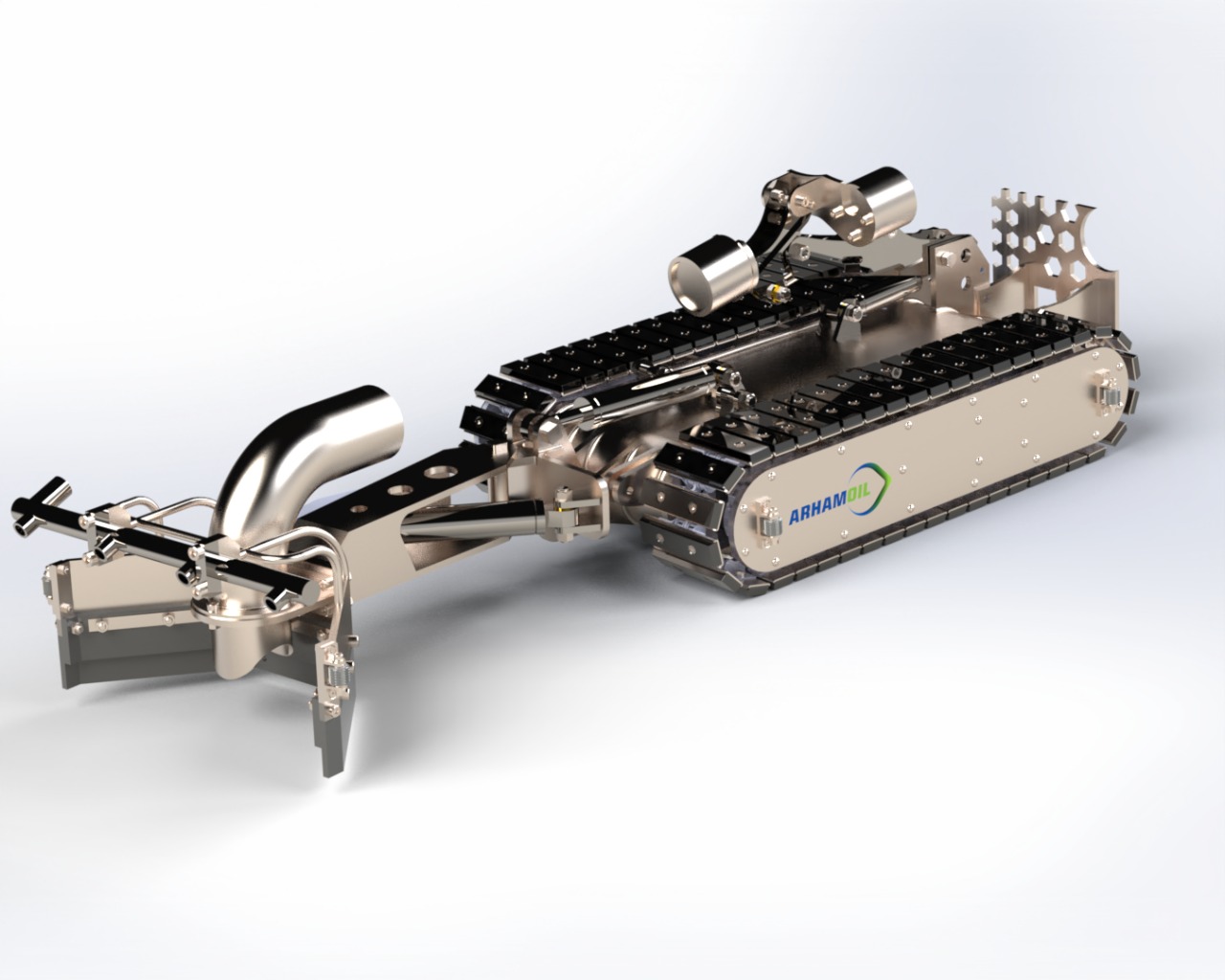 Tracked cleaning robot with raised camera masts
